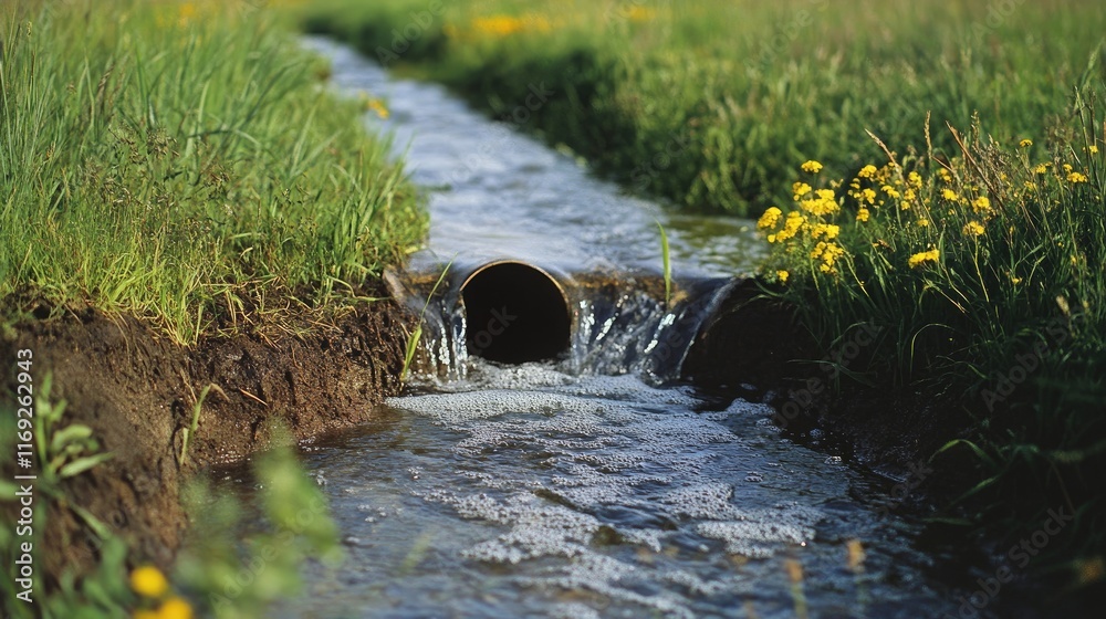 Poster close-up of clear water flowing from a pipe in an open field, symbolizing natural water flow, enviro