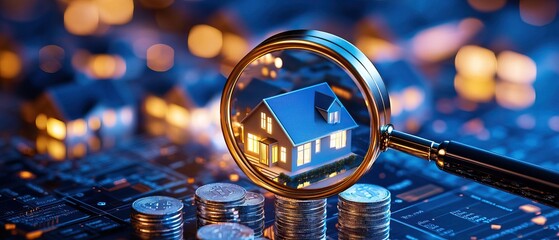 A magnifying glass focuses on a model house amidst coins and circuit patterns, symbolizing real estate investment and finance in a digital age.