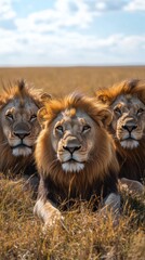 Fototapeta premium Three lions resting together in golden grassland during sunset in the African savannah