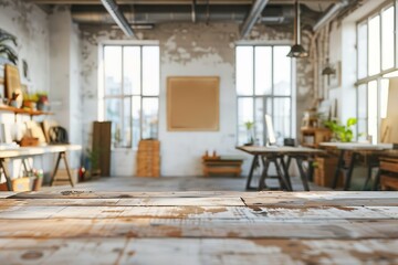 Rustic wooden table in a bright, airy studio workspace.