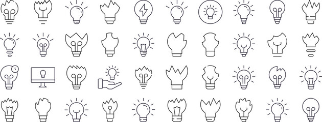 Set of Light Related Line Icons. Lamps and Broken Lamps Outline Signs for Graphic and Web Design, Apps, Adverts, Various Cards