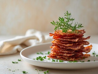 Crispy Bacon Stack with Fresh Herbs Garnish on Plate