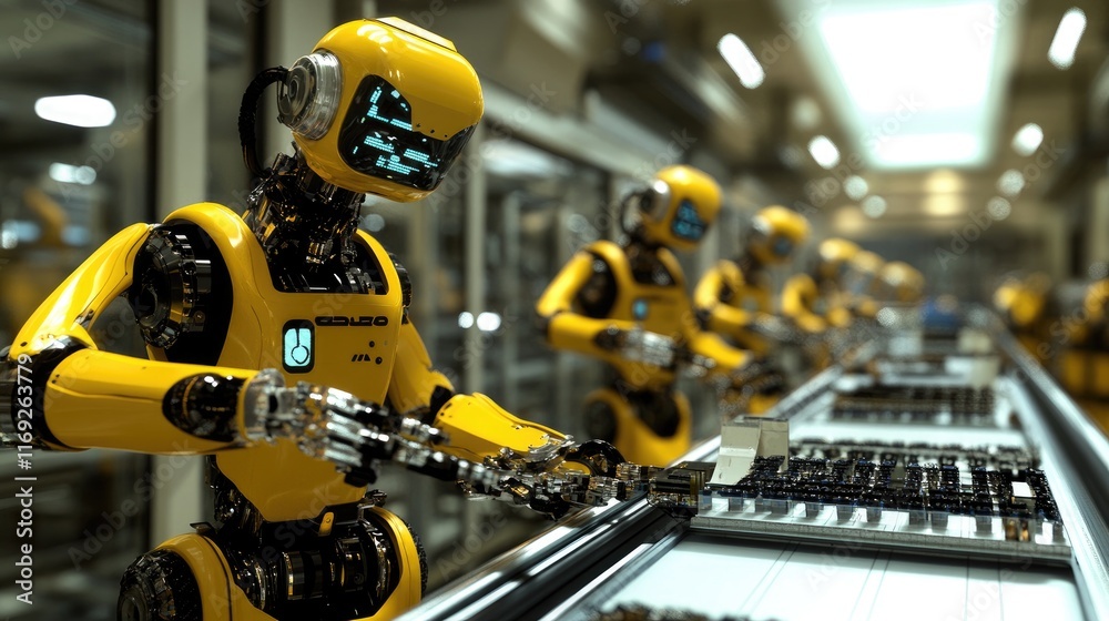 Poster Industrial robots on the factory floor, performing tasks in a highly automated and technologically advanced manufacturing environment.