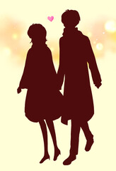 手を繋ぐ男女　冬　影絵