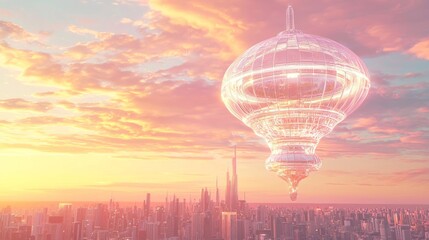 Obraz premium Illuminating the Future: Futuristic Arabian Observation Balloon Over High-Tech Desert Metropolis at Sunset