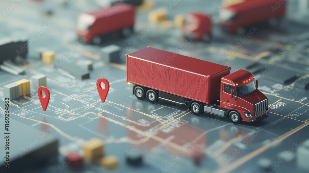 Poster smart logistics system visualization with trucks and gps markers on a digital map, representing the 