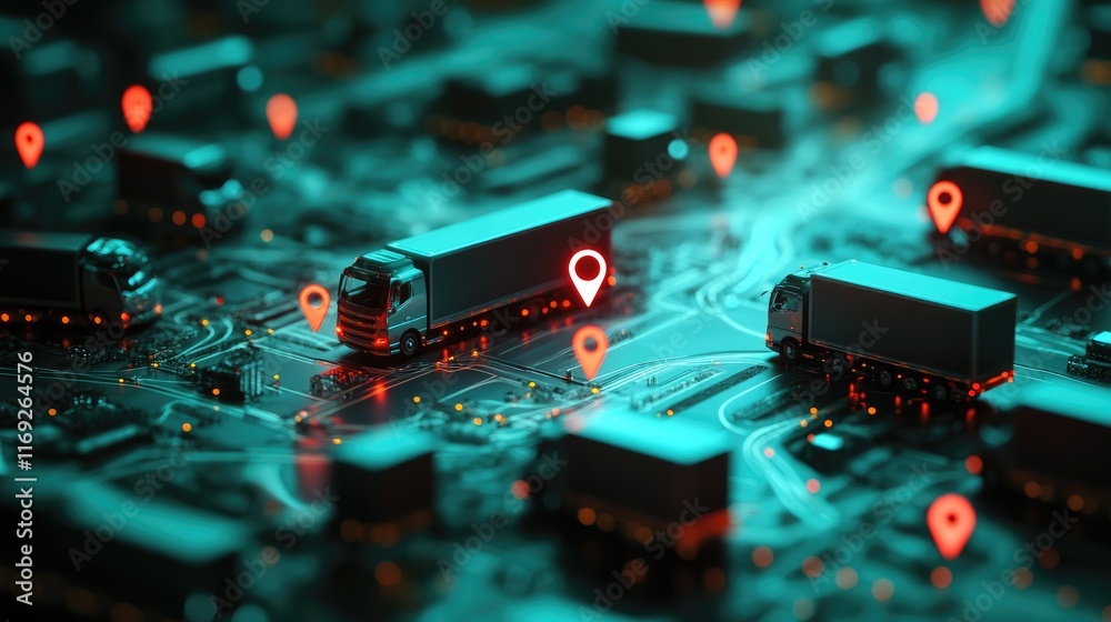 Poster smart logistics system visualization with trucks and gps markers on a digital map, representing the 