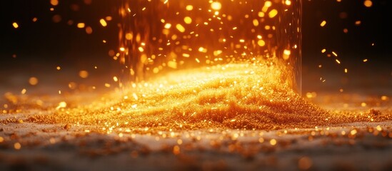 Explosion of shimmering golden particles creating a vibrant luminous and dynamic abstract background