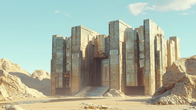 Futuristic Oasis Fortress: Next-Gen Desert Camouflage & Solar-Louvre Windows under a Cloudless Sky - Ultra-Detailed Cinematic Image of a Modern Arab Concept