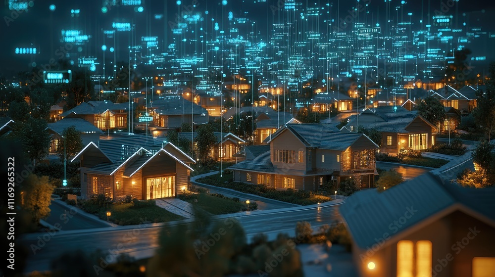 Poster Suburban houses illuminated at night, with digital data transactions floating above, representing the digital transformation of communities.