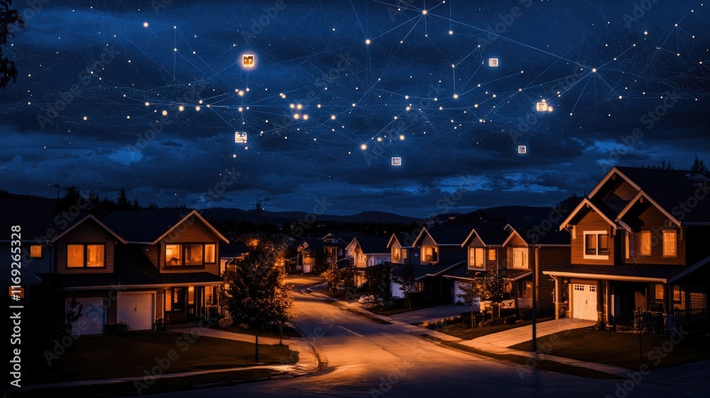 Poster suburban houses illuminated at night, with digital data transactions floating above, representing th