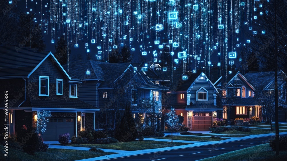 Aufkleber suburban houses illuminated at night, with digital data transactions floating above, representing th