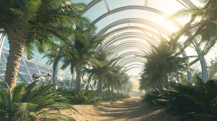 Futuristic Desert Oasis: Robotic Pruning in Solar Orchard with Glowing Greenhouse Walls - Ultra-Detailed Cinematic Arab Concept