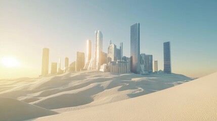 Futuristic Arab Cityscape in Desert: Sci-Fi Urban Metropolis Amid Sand Dunes with Solar Panels and Sentinel Towers under Intense Sunlight