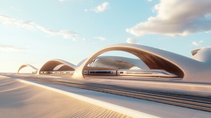Fototapeta premium Futuristic Arab High-Speed Train Station in Arid Landscape with Curved Roof and Bullet Trains Departing at Warm Afternoon - Ultra-Detailed Photoreal Cinematic Image