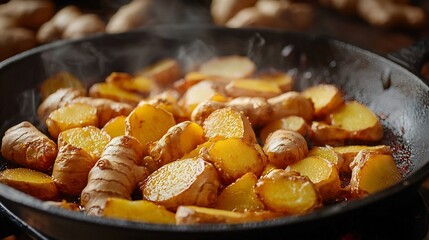 Aromatic Ginger Root Dish Sizzling in Cast Iron Pan with Rustic Charm