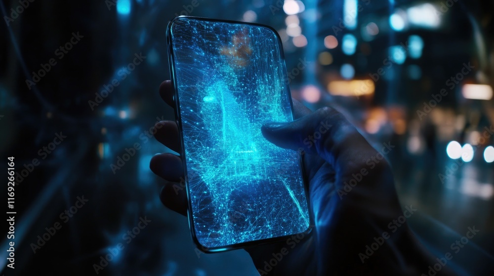 Poster the future is calling with a high-tech phone and holographic visuals, representing the advancements 