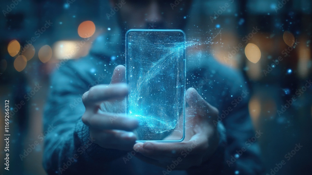 Poster the future is calling with a high-tech phone and holographic visuals, representing the advancements 