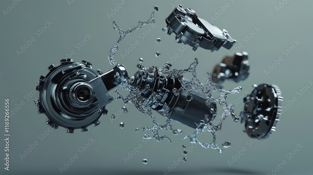 Poster a dynamic explosion of mechanical parts surrounded by water droplets.