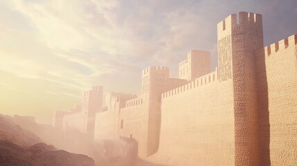 Obraz premium Futuristic Arab Cityscape: Modern Fortress Walls, Mosaic Screens, Cooling Towers, Sand Storms, Cinematic Urban Landscape