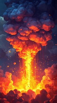 An intense and explosive fiery disaster scene with dramatic billowing flames scorching smoke and a powerful volcanic like eruption in an apocalyptic cataclysmic landscape