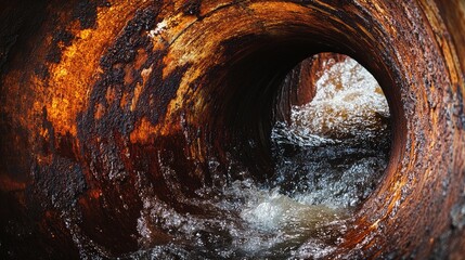 The rusty interior of a pipe with water flowing through it, representing old infrastructure in need of maintenance and attention.