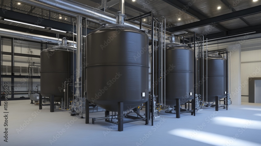 Poster Three large industrial tanks in a contemporary facility, featuring complex piping systems for optimized storage and processing.