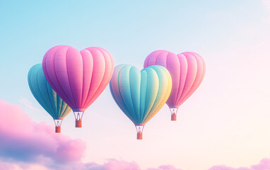 Fototapeta premium Heart-shaped hot air balloons soaring above a serene sky travel aerial view