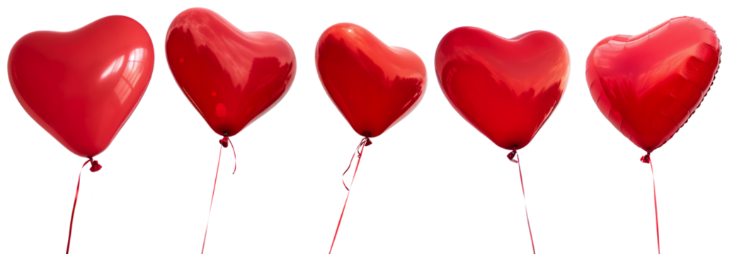 A set of balloons in the form of a heart on a transparent background. Valentine's Day party decoration. Heart-shaped balloons in red color - Powered by Adobe