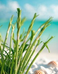 Fototapeta premium Fresh Green Lemongrass Stalks on Tropical Beach with Clear Water