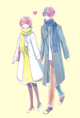 手を繋ぐ男女　笑顔　冬