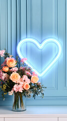 Obraz premium Romantic floral arrangement with neon heart home decor indoor modern