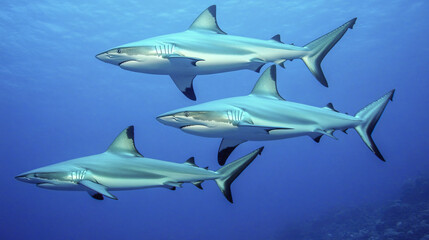 Naklejka premium Grey reef sharks swimming gracefully in clear blue waters