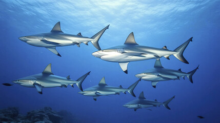 Fototapeta premium Swimming grey reef sharks in clear blue water create stunning underwater scene