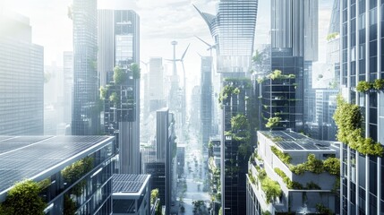 Obraz premium Urban design with renewable energy elements, such as solar panels and wind turbines, integrated into the cityscape, with space for text on the side.