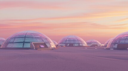 Future Tech Oasis: Solar-Powered Drones Study in Glass-Celled Desert Lab at Pastel Evening Sky - Cinematic Futuristic Arab Concept Image