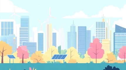 Obraz premium Urban landscape with renewable energy sources, like solar panels and wind turbines, symbolizing sustainability in modern city design, with side copy space.