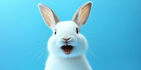 Obraz premium Cute White Rabbit Close-up on Blue Background