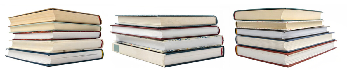 Collection of various hardcover books on transparent backgrounds. Concepts for education and learning, books for design.