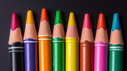 Close-up of colorful sharpened pencils on black background.