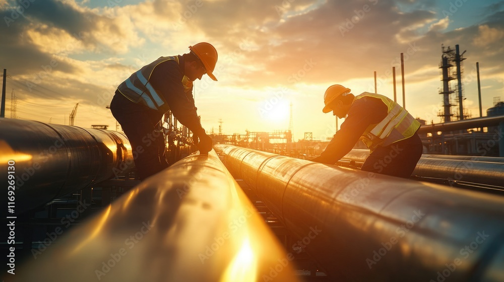 Poster workers inspecting large industrial pipes under the warm light of the setting sun, emphasizing the s