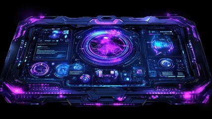Futuristic holographic control panel with glowing neon lights. Ideal for sci-fi games, movies, or UI design elements.