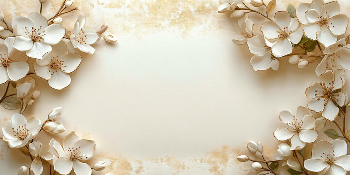 Elegant floral arrangement with white flowers and gold accents features a blank card, perfect for wedding invitations, announcements, or upscale stationery.