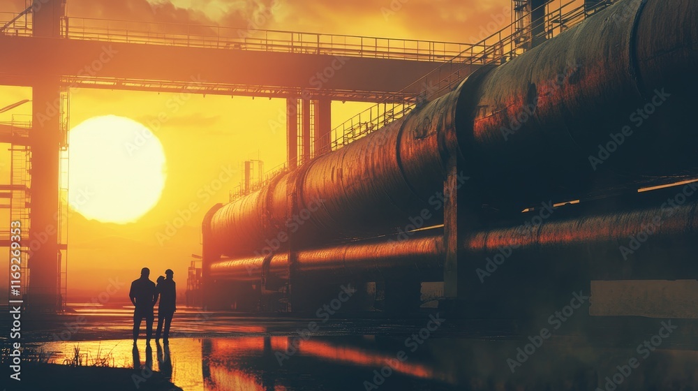 Poster workers standing by large pipes at an industrial facility, bathed in the warm glow of the setting su