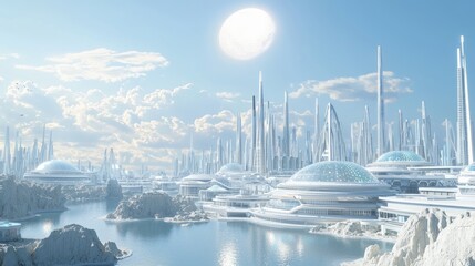 Fototapeta premium Futuristic Solar City Oasis: Advanced Laser Cooling in a Reflective Urban Landscape with Swirling Dust Devils under the Intense Midday Sun - Photoreal Cinematic Image