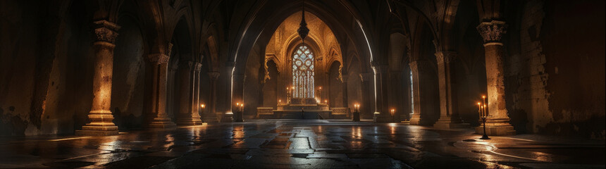 Obraz premium Majestic Medieval Cathedral Interior with Gothic Arches and Golden Altar Illumination