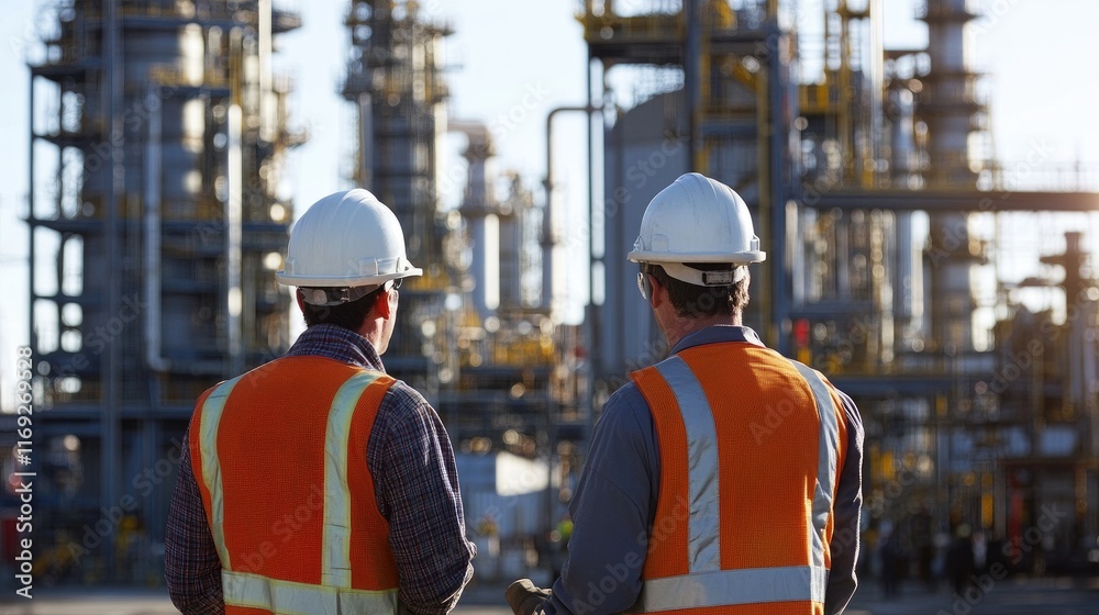 Poster workers supervising operations at a petroleum shipping port with cargo containers in the background,