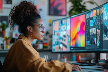 Creative online graphic designer working on colorful visual projects in a studio