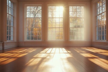 Sunlight streaming through large windows illuminating a cozy interior space in autumn