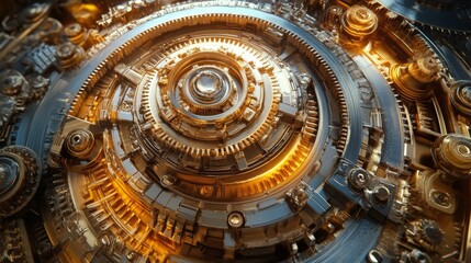 Obraz premium Intricate arrangement of golden gears showcasing mechanical craftsmanship and engineering design